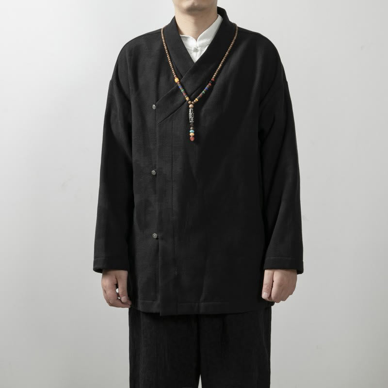 Chemise à manches longues et col en V pour homme Buddha Stones, couleur unie, en coton jacquard