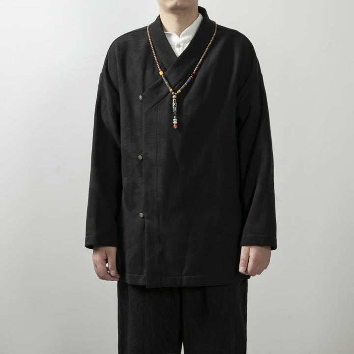 Chemise à manches longues et col en V pour homme Buddha Stones, couleur unie, en coton jacquard