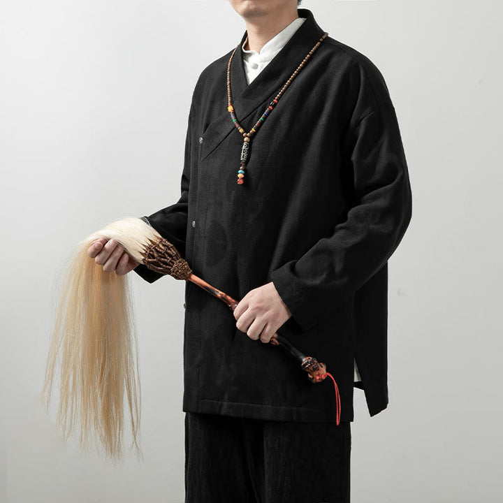 Chemise à manches longues et col en V pour homme Buddha Stones, couleur unie, en coton jacquard