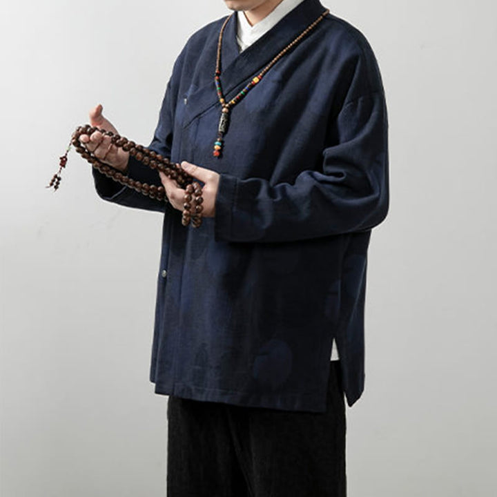 Chemise à manches longues et col en V pour homme Buddha Stones, couleur unie, en coton jacquard