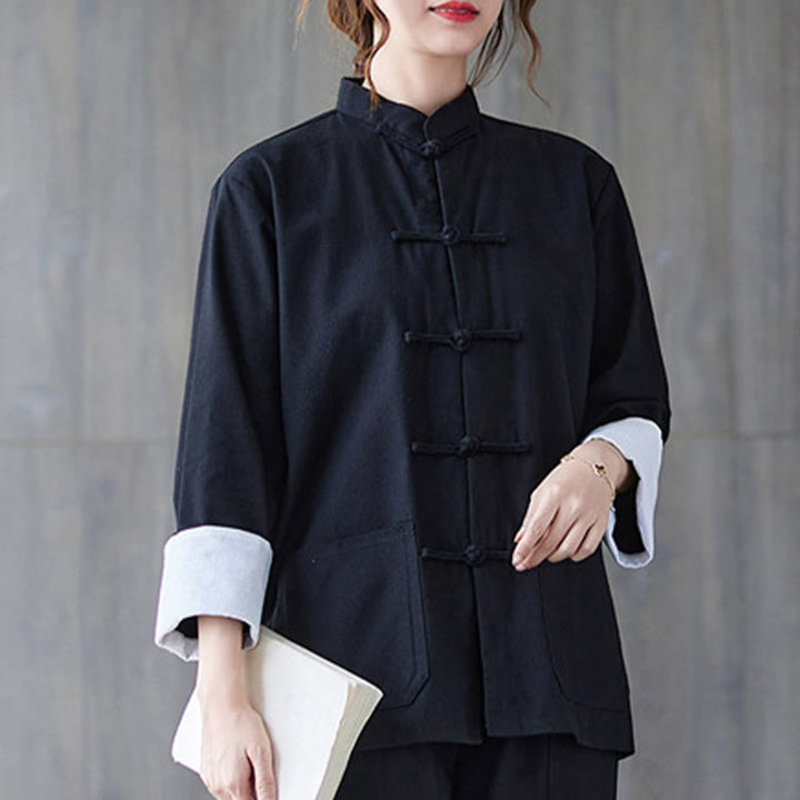 Chemise à manches longues et boutons de grenouille pour femme Buddha Stones Pantalon de méditation Vêtements en coton et lin