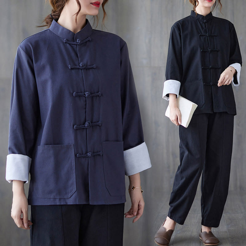 Chemise à manches longues et boutons de grenouille pour femme Buddha Stones Pantalon de méditation Vêtements en coton et lin