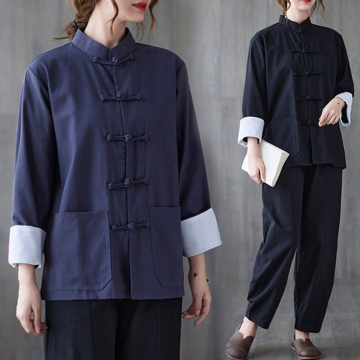 Chemise à manches longues et boutons de grenouille pour femme Buddha Stones Pantalon de méditation Vêtements en coton et lin