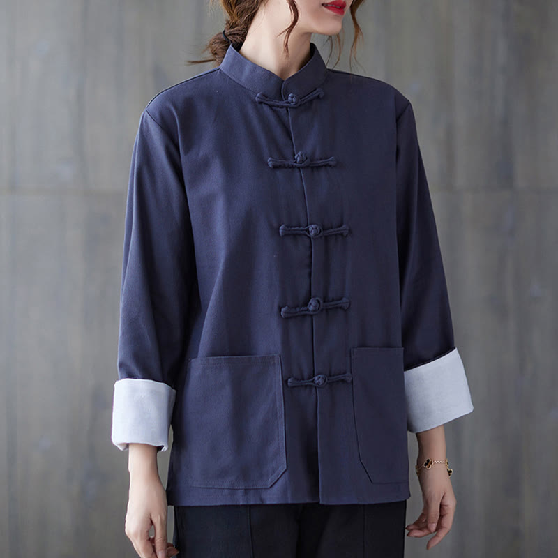 Chemise à manches longues et boutons de grenouille pour femme Buddha Stones Pantalon de méditation Vêtements en coton et lin