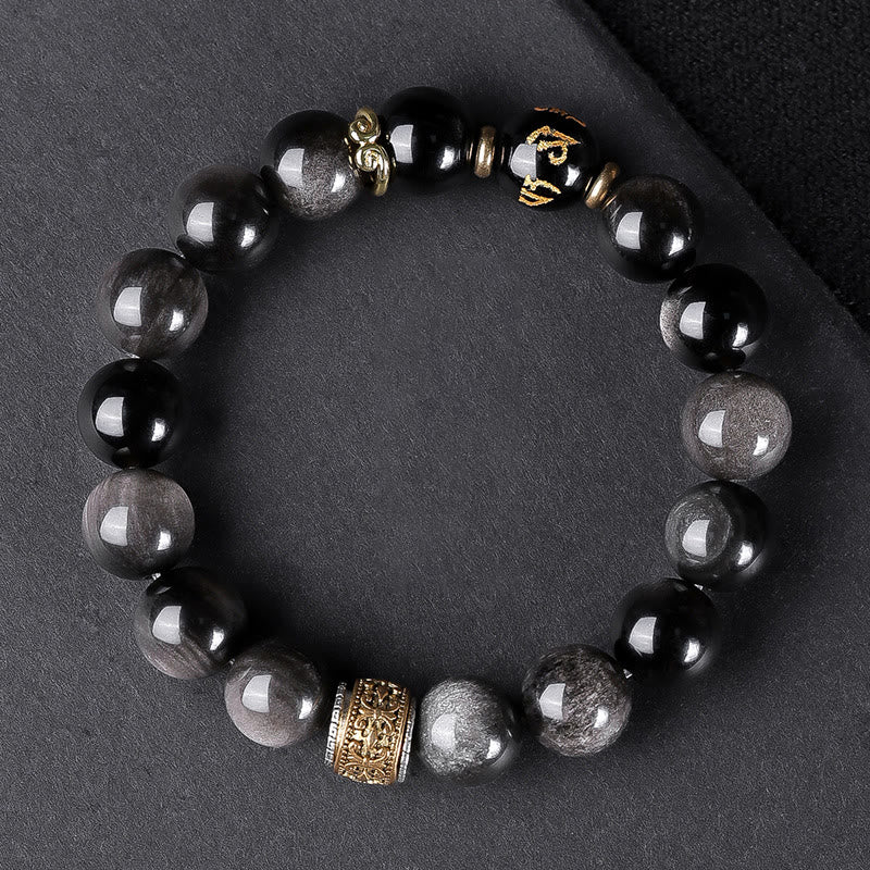 Bracelet de force en Buddha Stones naturelle argentée et brillante avec six mots vrais « om Mani Padme Hum » et œil de tigre