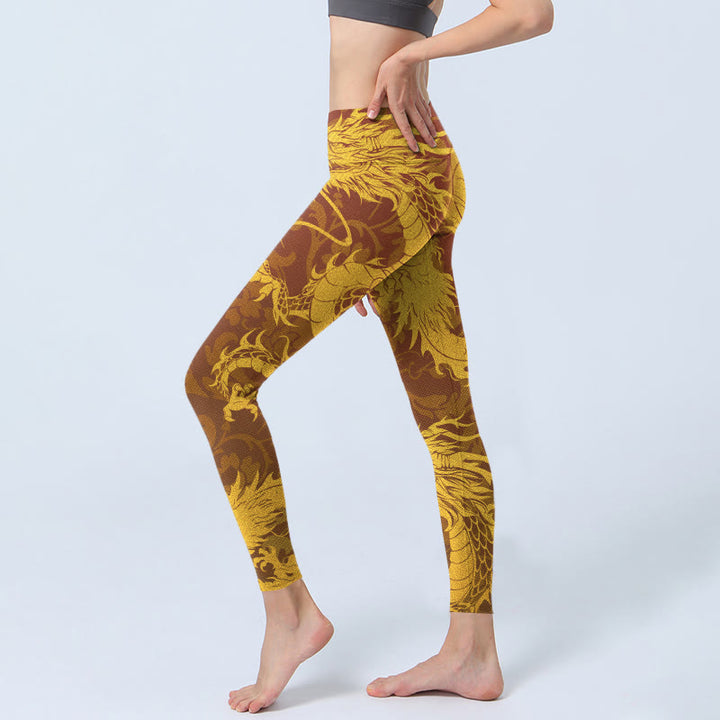Buddha Stones Pantalon de yoga pour femme avec legging de sport imprimé fleurs de dragon doré - image 3