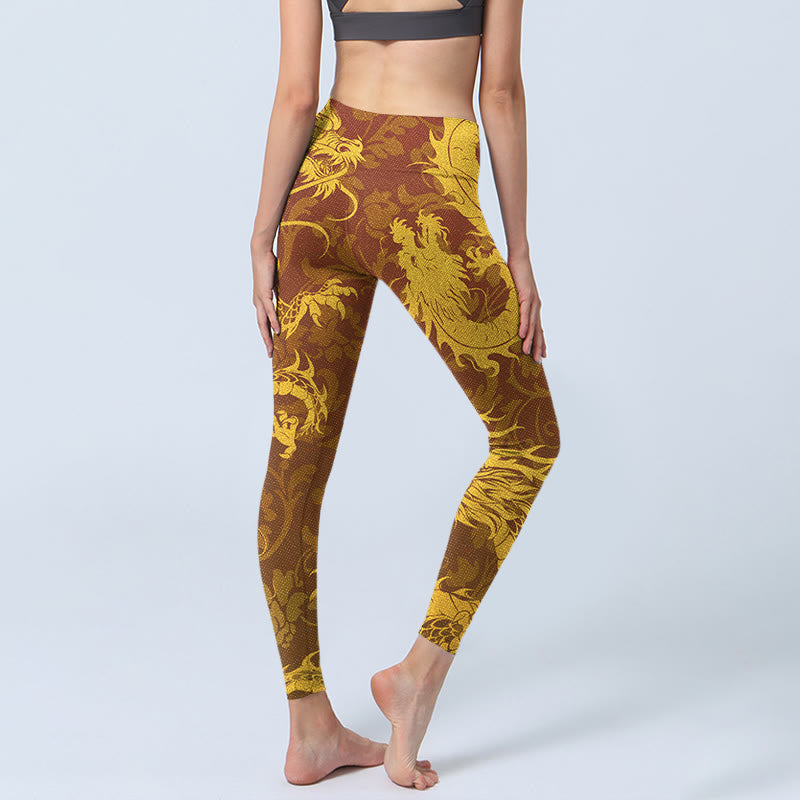 Buddha Stones Pantalon de yoga pour femme avec legging de sport imprimé fleurs de dragon doré - image 5