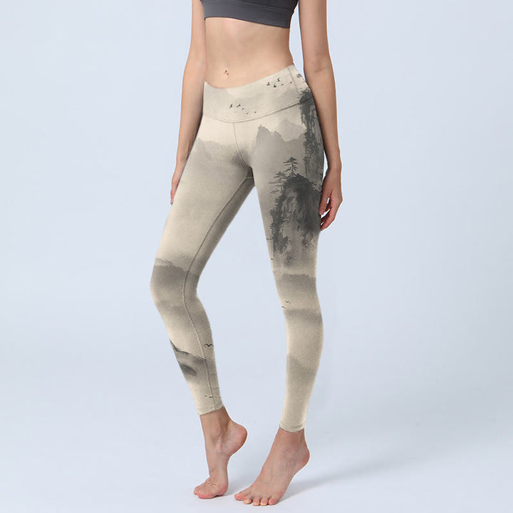 Buddha Stones Montagnes Enveloppées Dans La Brume Wild Goose Gym Leggings Pantalons De Yoga Pour Femmes - Verge d'or pâle - US18,UK/AU22,EU50 (4XL) - image 1