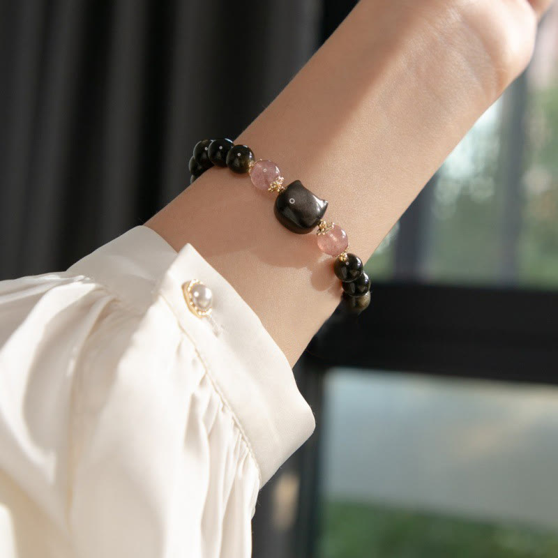 Bracelet de force en obsidienne Buddha Stones et quartz fraise avec perles en obsidienne argentée et tête de chat - image 5