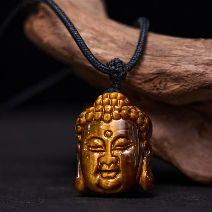 Collier pendentif courageux en forme de tête de Bouddha avec Buddha Stones et œil de tigre - Cordon noir œil de tigre - image 1