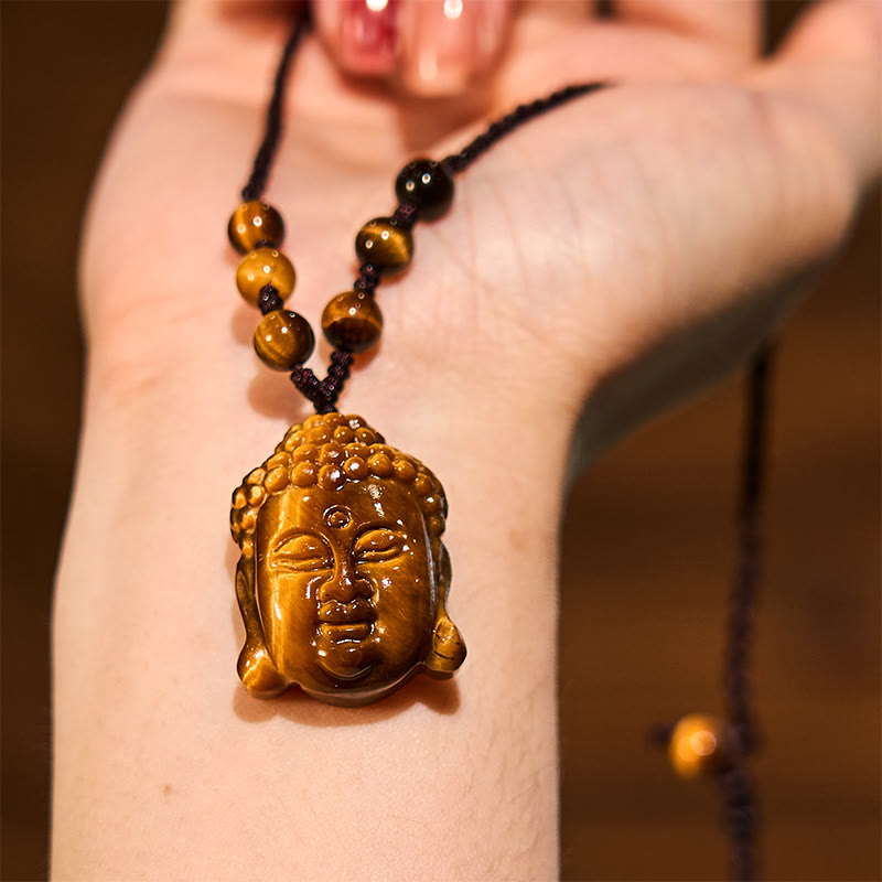 Collier pendentif courageux en forme de tête de Bouddha avec Buddha Stones et œil de tigre - image 14