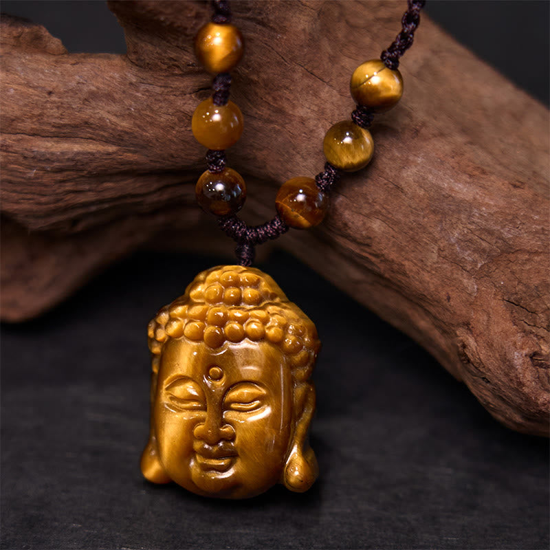 Collier pendentif courageux en forme de tête de Bouddha avec Buddha Stones et œil de tigre - Cordon marron à quatre brins en œil de tigre - image 10