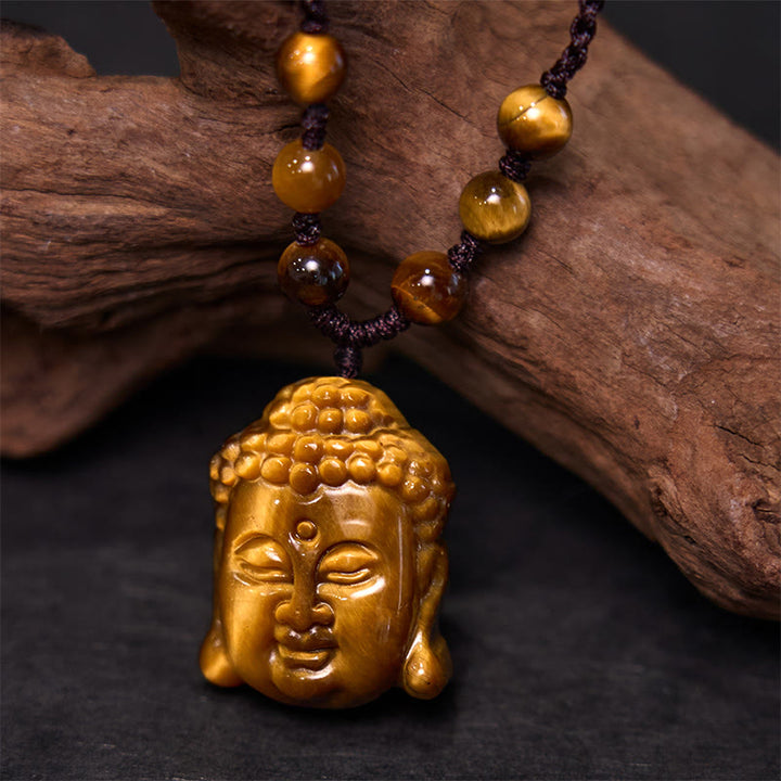 Collier pendentif courageux en forme de tête de Bouddha avec Buddha Stones et œil de tigre - Cordon marron à quatre brins en œil de tigre - image 10