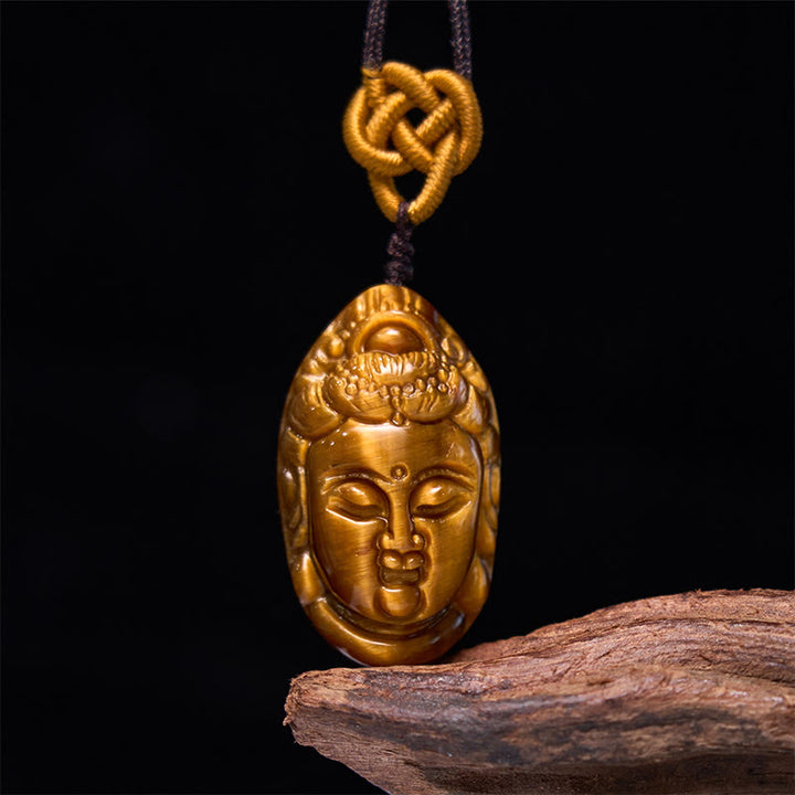 Collier pendentif en Buddha Stones œil de tigre Kwan Yin Avalokitesvara tête chaîne force