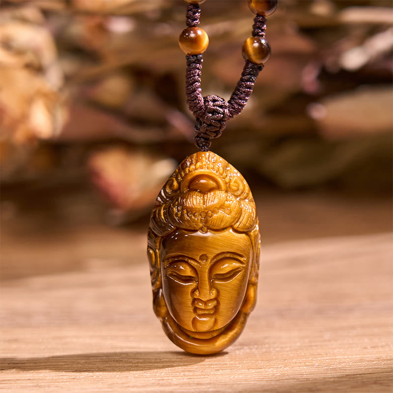 Collier pendentif en Buddha Stones œil de tigre Kwan Yin Avalokitesvara tête chaîne force