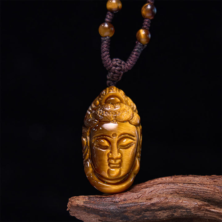 Collier pendentif en Buddha Stones œil de tigre Kwan Yin Avalokitesvara tête chaîne force