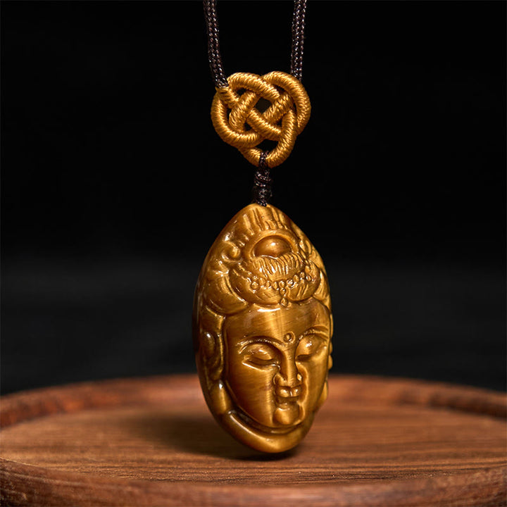 Collier pendentif en Buddha Stones œil de tigre Kwan Yin Avalokitesvara tête chaîne force