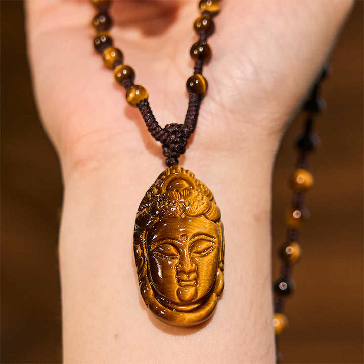 Collier pendentif en Buddha Stones œil de tigre Kwan Yin Avalokitesvara tête chaîne force