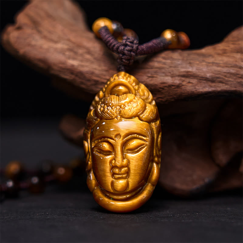 Collier pendentif en Buddha Stones œil de tigre Kwan Yin Avalokitesvara tête chaîne force