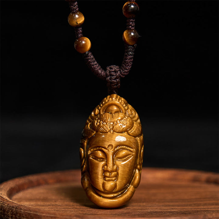 Collier pendentif en Buddha Stones œil de tigre Kwan Yin Avalokitesvara tête chaîne force