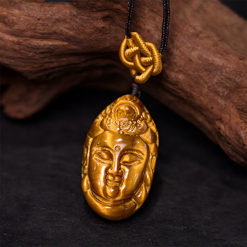 Collier pendentif en Buddha Stones œil de tigre Kwan Yin Avalokitesvara tête chaîne force