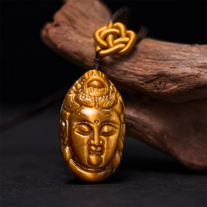 Collier pendentif en Buddha Stones œil de tigre Kwan Yin Avalokitesvara tête chaîne force
