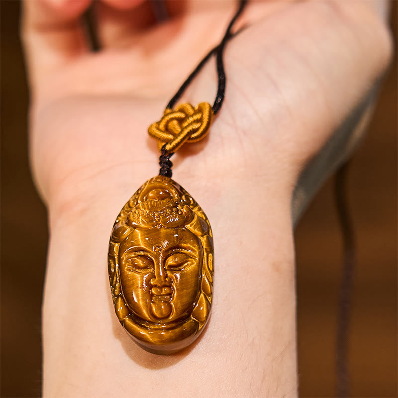 Collier pendentif en Buddha Stones œil de tigre Kwan Yin Avalokitesvara tête chaîne force