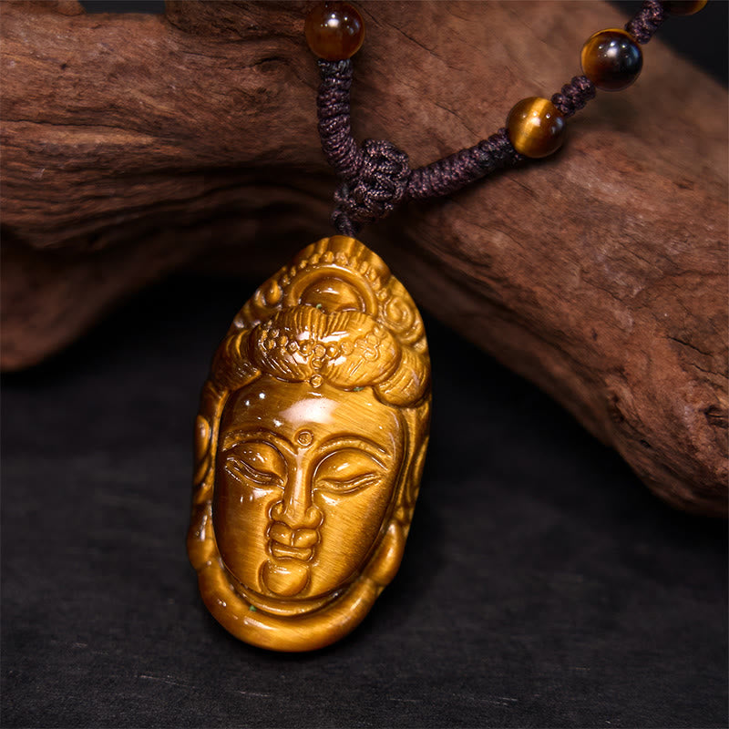 Collier pendentif en Buddha Stones œil de tigre Kwan Yin Avalokitesvara tête chaîne force