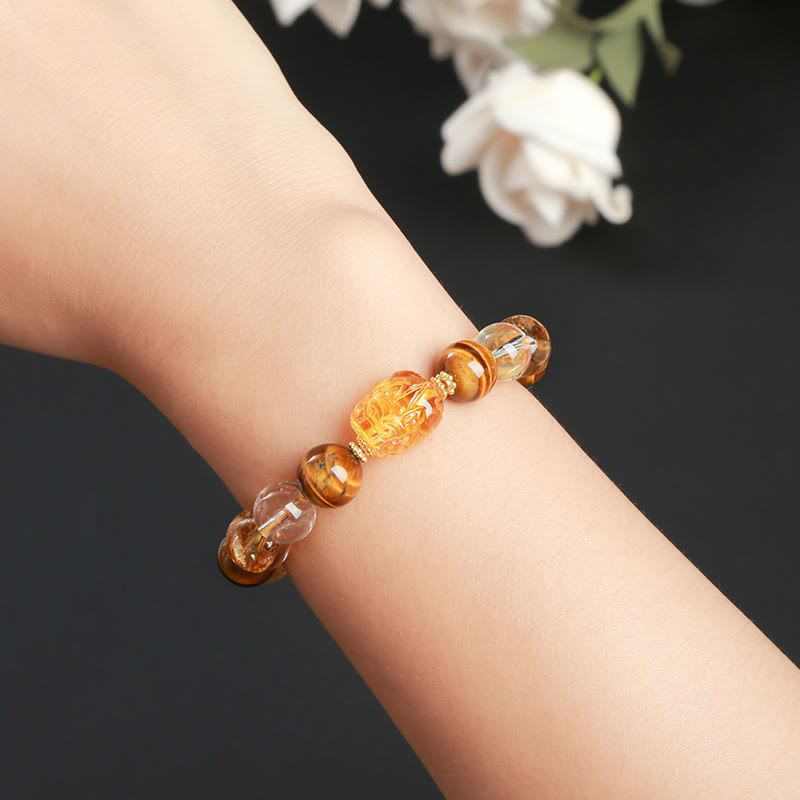 Bracelet de force Pixiu en cire d'abeille Buddha Stones et œil de tigre jaune naturel et citrine