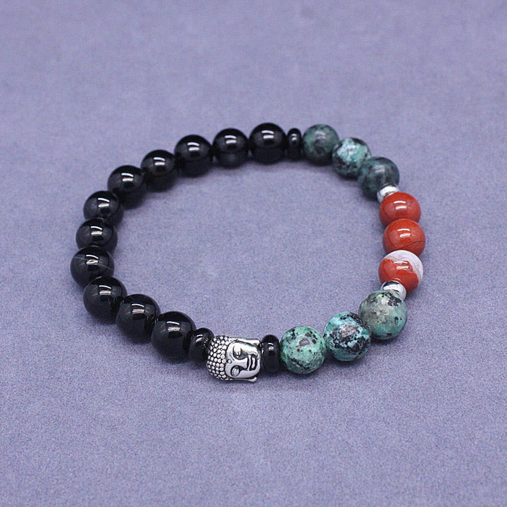 Bracelet de protection de tête de Bouddha en Buddha Stones naturelles en onyx noir et pierre blanche en aventurine verte et œil de tigre