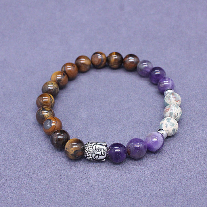 Bracelet de protection de tête de Bouddha en Buddha Stones naturelles en onyx noir et pierre blanche en aventurine verte et œil de tigre