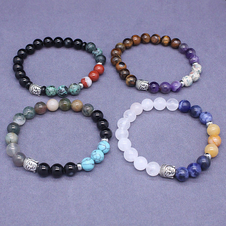 Bracelet de protection de tête de Bouddha en Buddha Stones naturelles en onyx noir et pierre blanche en aventurine verte et œil de tigre