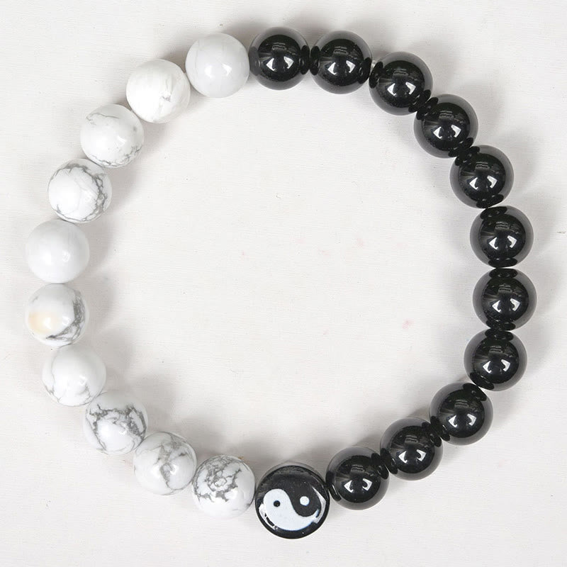 Bracelet de force Yinyang Tai Chi en obsidienne naturelle et turquoise blanche en Buddha Stones