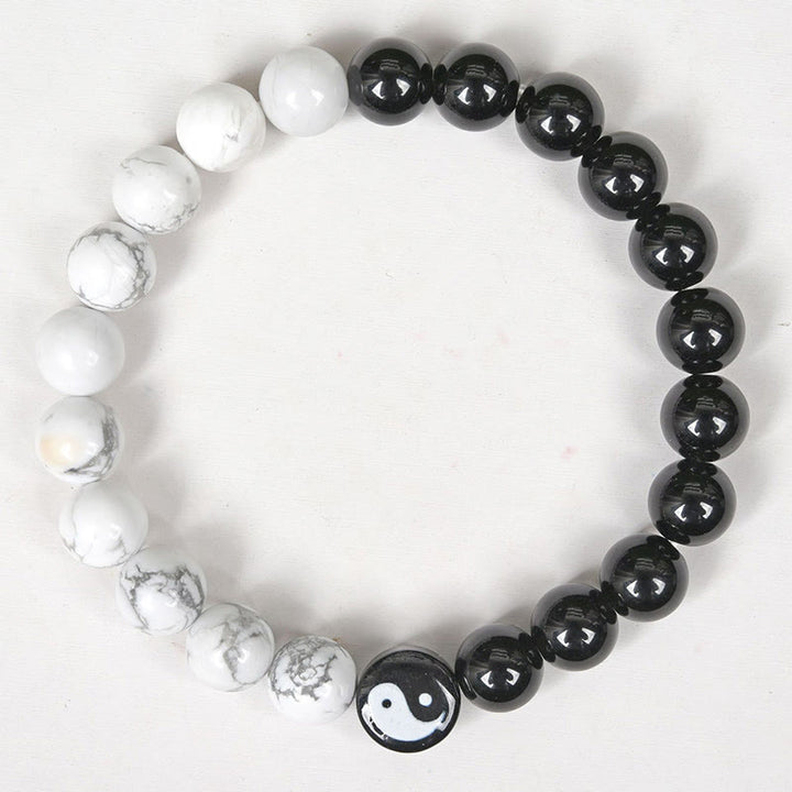 Bracelet de force Yinyang Tai Chi en obsidienne naturelle et turquoise blanche en Buddha Stones