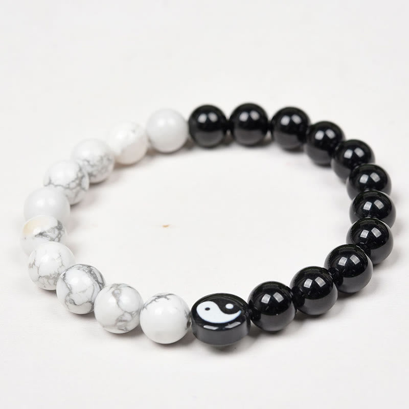 Bracelet de force Yinyang Tai Chi en obsidienne naturelle et turquoise blanche en Buddha Stones