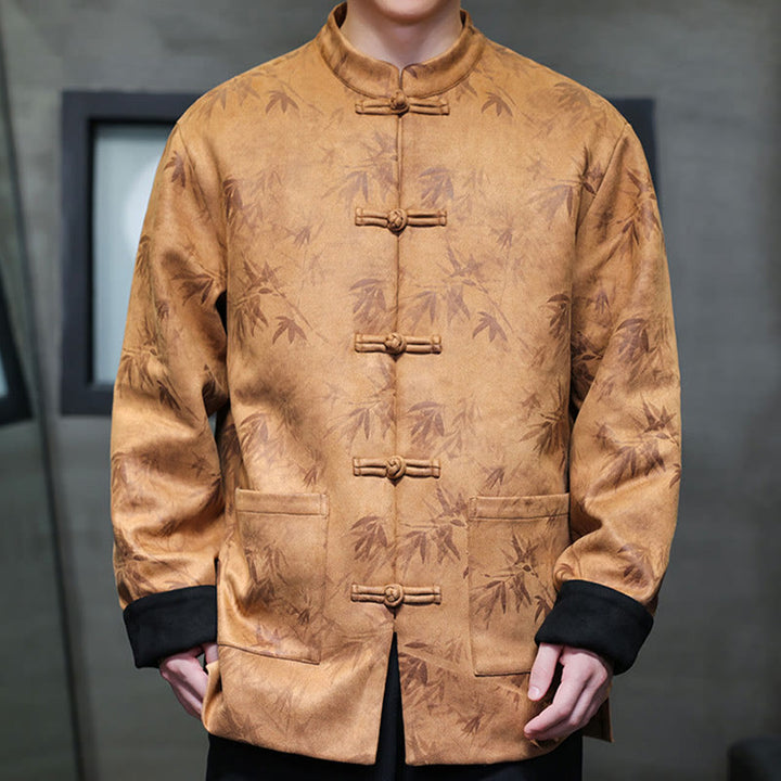 Veste en daim et coton à motif bambou pour homme avec poches et boutons en grenouille de Buddha Stones