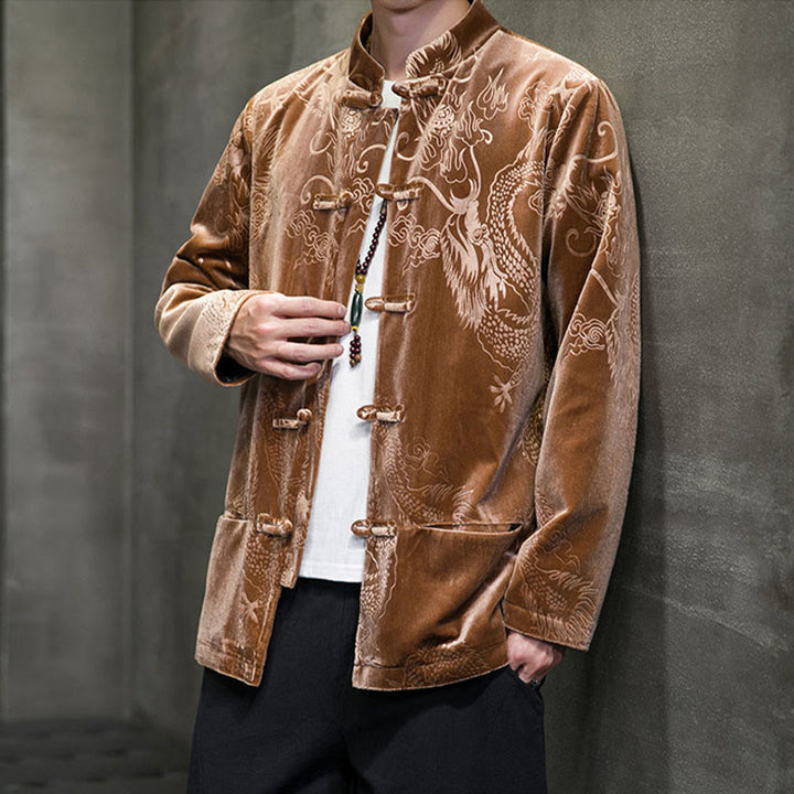 Buddha Stones Chemise en coton à boutons de grenouille pour homme avec motif dragon et poches