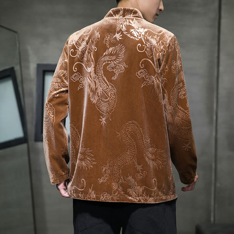 Buddha Stones Chemise en coton à boutons de grenouille pour homme avec motif dragon et poches