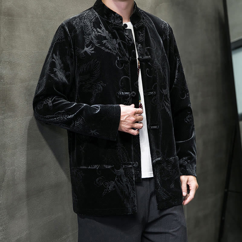 Buddha Stones Chemise en coton à boutons de grenouille pour homme avec motif dragon et poches