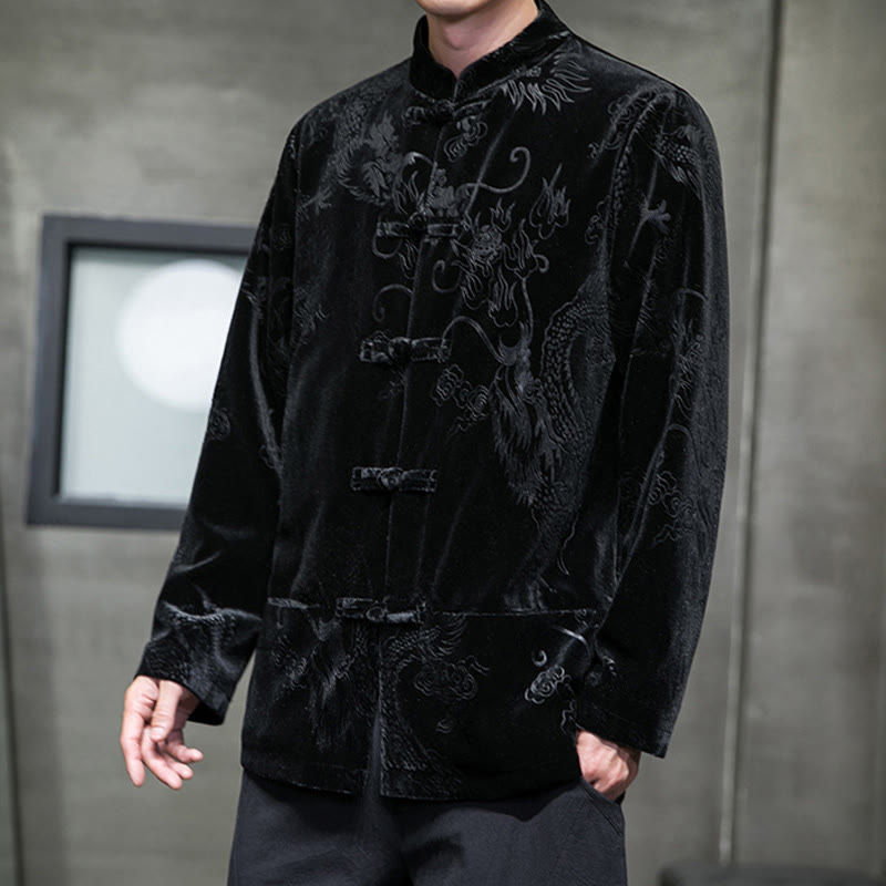 Buddha Stones Chemise en coton à boutons de grenouille pour homme avec motif dragon et poches