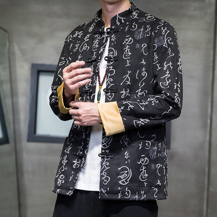 Veste en polyester et peau de cerf à motif de calligraphie chinoise pour homme avec boutons de Buddha Stones et poches