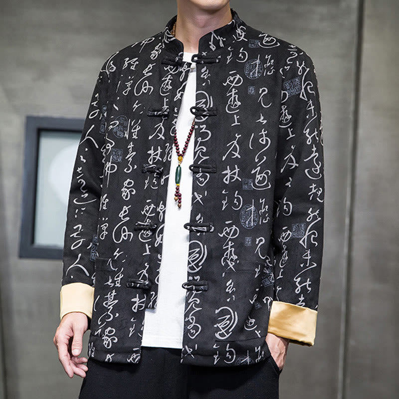 Veste en polyester et peau de cerf à motif de calligraphie chinoise pour homme avec boutons de Buddha Stones et poches