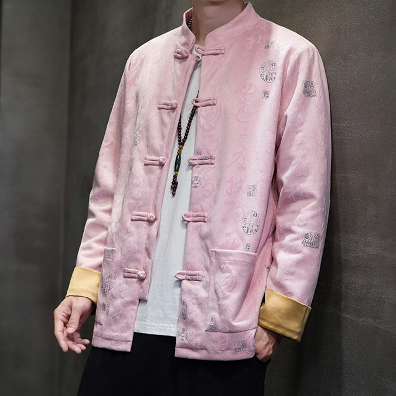 Veste en polyester et peau de cerf à motif de calligraphie chinoise pour homme avec boutons de Buddha Stones et poches