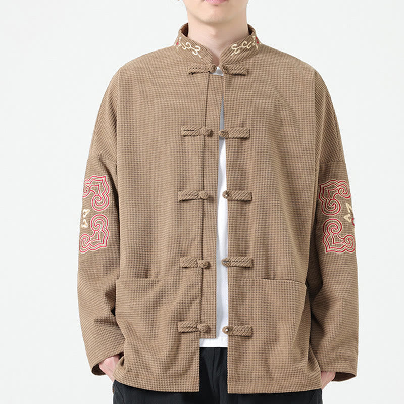 Buddha Stones Costume Tang à boutons de grenouille pour hommes, veste en velours côtelé de coton à broderie symétrique avec poches