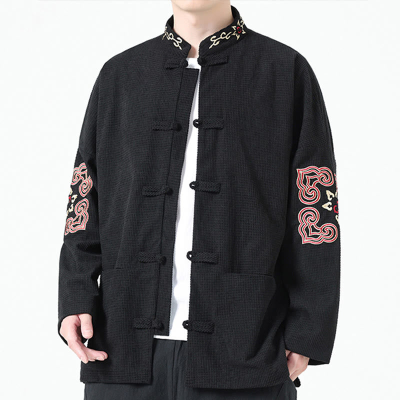 Buddha Stones Costume Tang à boutons de grenouille pour hommes, veste en velours côtelé de coton à broderie symétrique avec poches