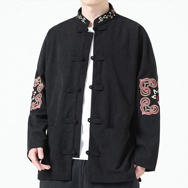 Buddha Stones Costume Tang à boutons de grenouille pour hommes, veste en velours côtelé de coton à broderie symétrique avec poches