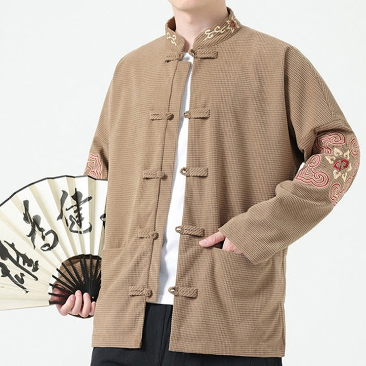 Buddha Stones Costume Tang à boutons de grenouille pour hommes, veste en velours côtelé de coton à broderie symétrique avec poches