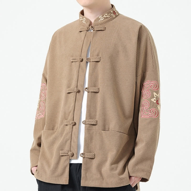 Buddha Stones Costume Tang à boutons de grenouille pour hommes, veste en velours côtelé de coton à broderie symétrique avec poches