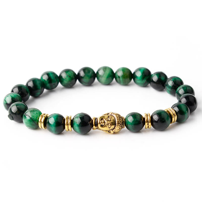 Bracelet d'équilibre tête de Bouddha œil de tigre bleu vert rouge Buddha Stones