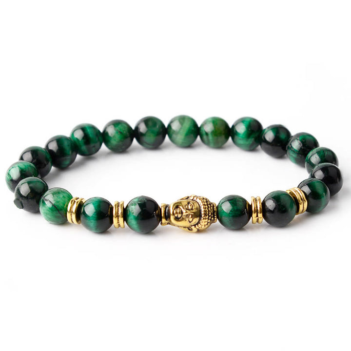 Bracelet d'équilibre tête de Bouddha œil de tigre bleu vert rouge Buddha Stones